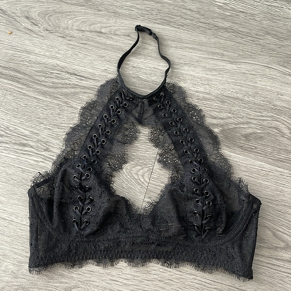 Victoria's Secret Black Lace Halter Bralette with Eyelet Lacing